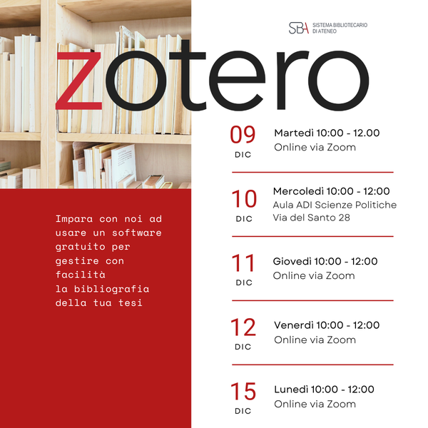 Locandina con le date dei corsi Zotero. Clicca sul link Iscriviti ai laboratori per controllare tutte le date disponibili